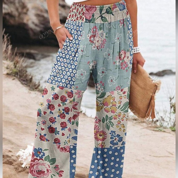 Pants - Floral Patchwork Wide-Leg Boho Pants
